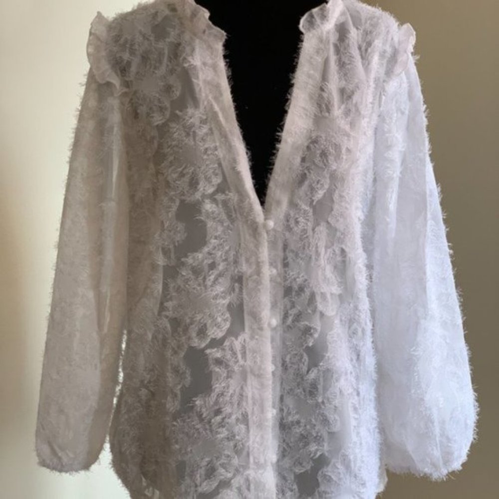 Fuzzy Notched Neck Bishop Sleeve Blouse - Picture 7 of 7